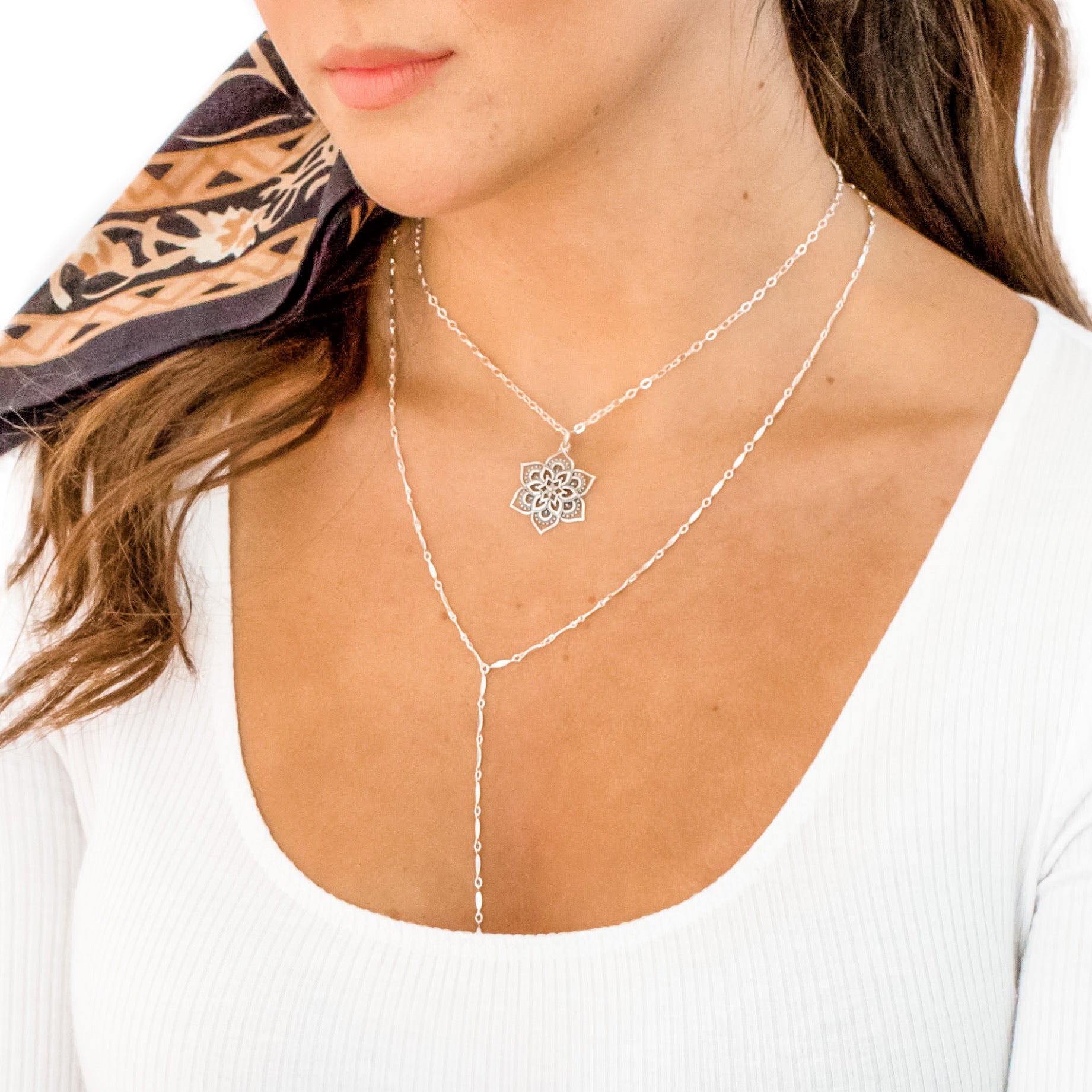 A person wearing a white scoop neck shirt with layered necklaces, including a drop necklace and a choker, showcasing the jewelry.