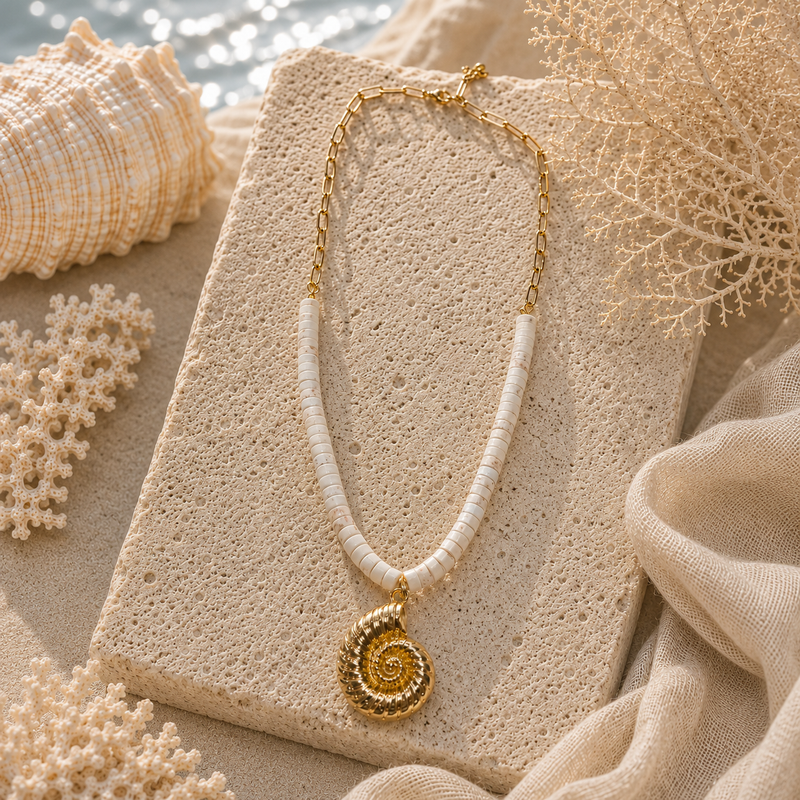 Necklace with a gold spiral pendant on a textured surface with seashells and coral