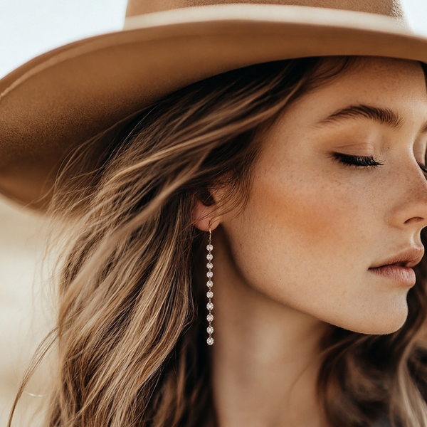 Close-up of a woman wearing a brown hat and pearl earrings with a neutral background