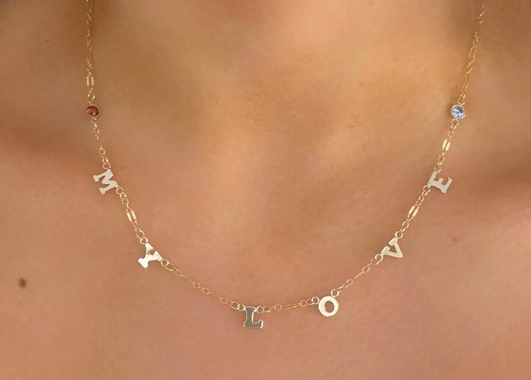 This is the customizable payton keepsake double birthstone necklace featuring My Love as the text and two different birthstone accents.