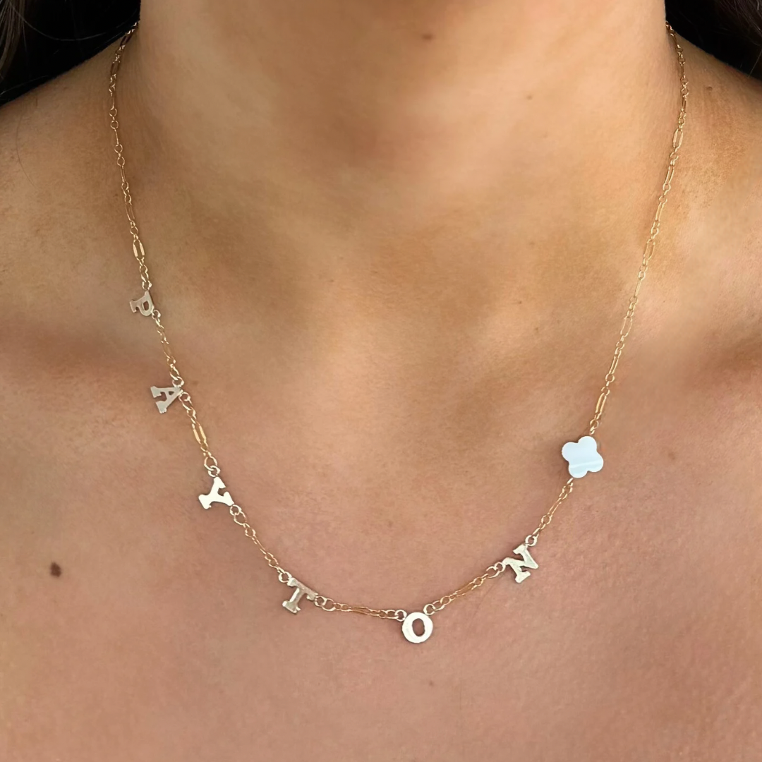 Customizable Payton Keepsake Necklace with Mother of Pearl Clover with Payton letters in gold fill.