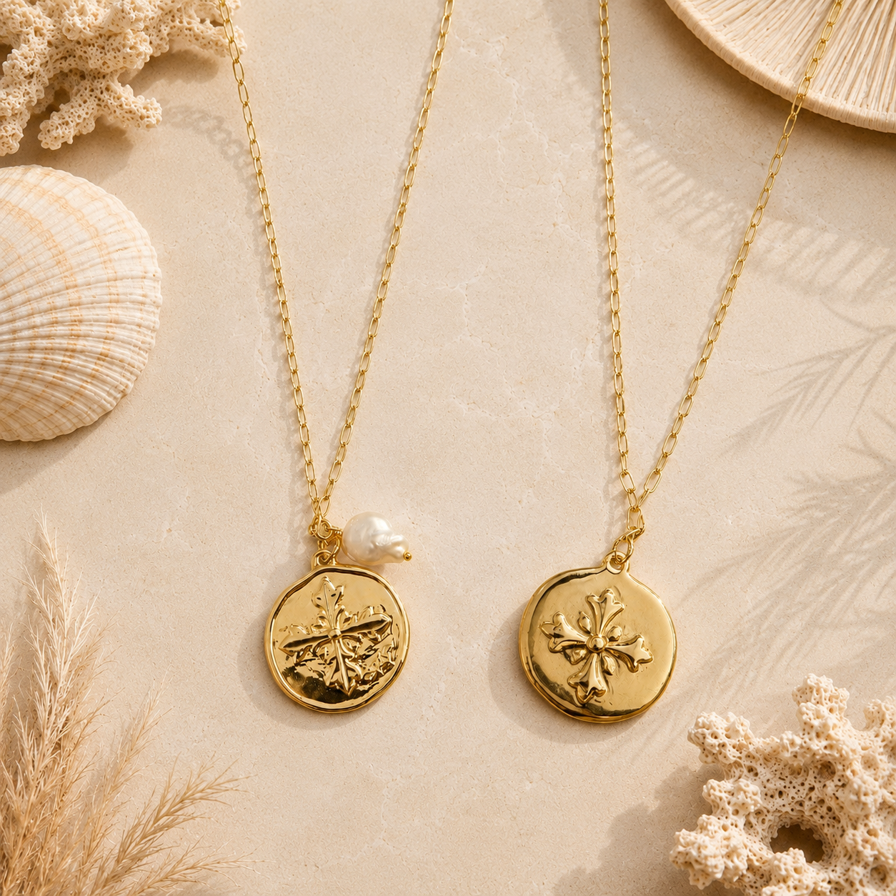 Two gold pendant necklaces displayed on a beige surface with seashell and dried grass props. One necklace has a small white pearl accent, and both pendants are round with embossed floral designs.