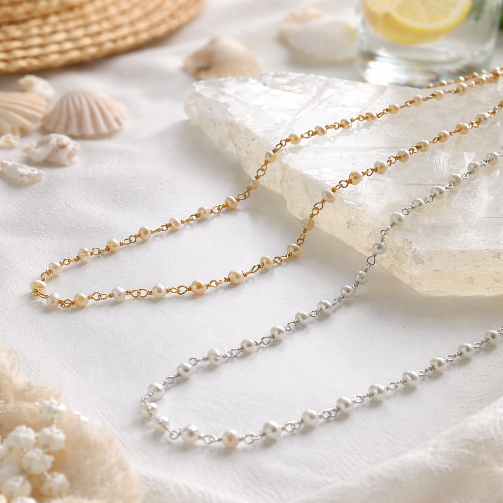 Two pearl necklaces on a textured surface with shells and a lemon slice in the background.