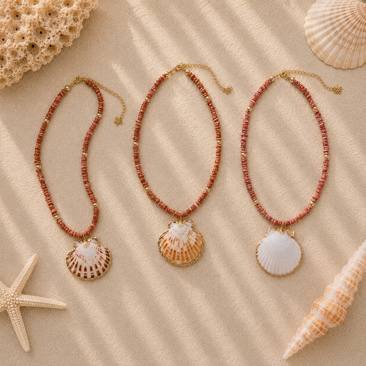 Three shell pendant necklaces on a sandy surface with seashells and a starfish.