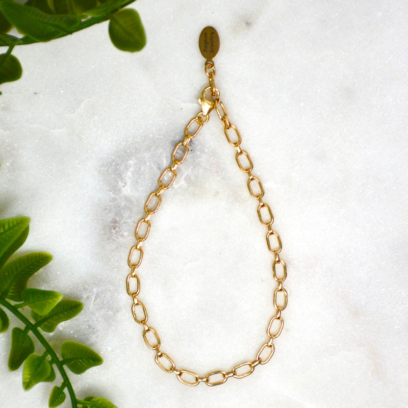 A gold-colored bracelet with a small charm, displayed on a white surface with green leaves in the background.