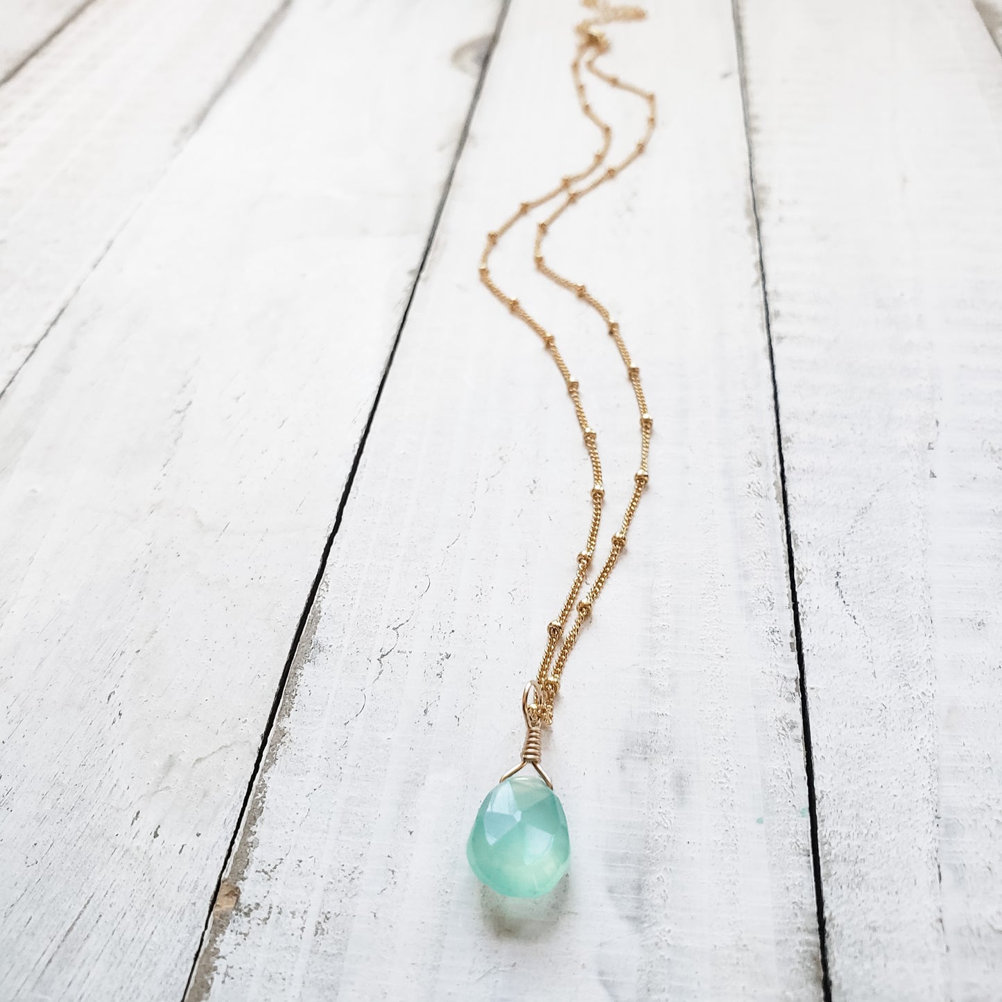 gold fill necklace with aqua chalcedony gemstone pendant.