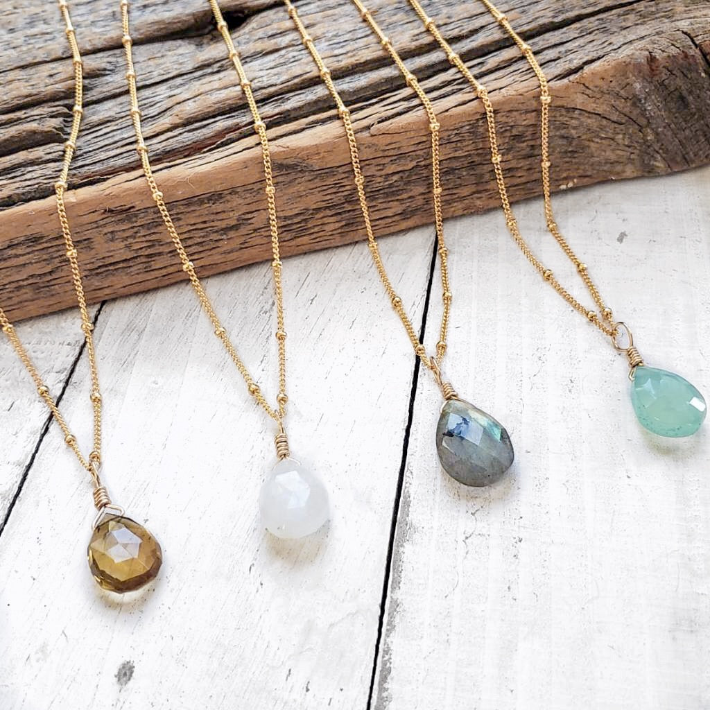 moonstone, chalcedony, quartz  and labradorite necklaces on 14kt gold fill chain.