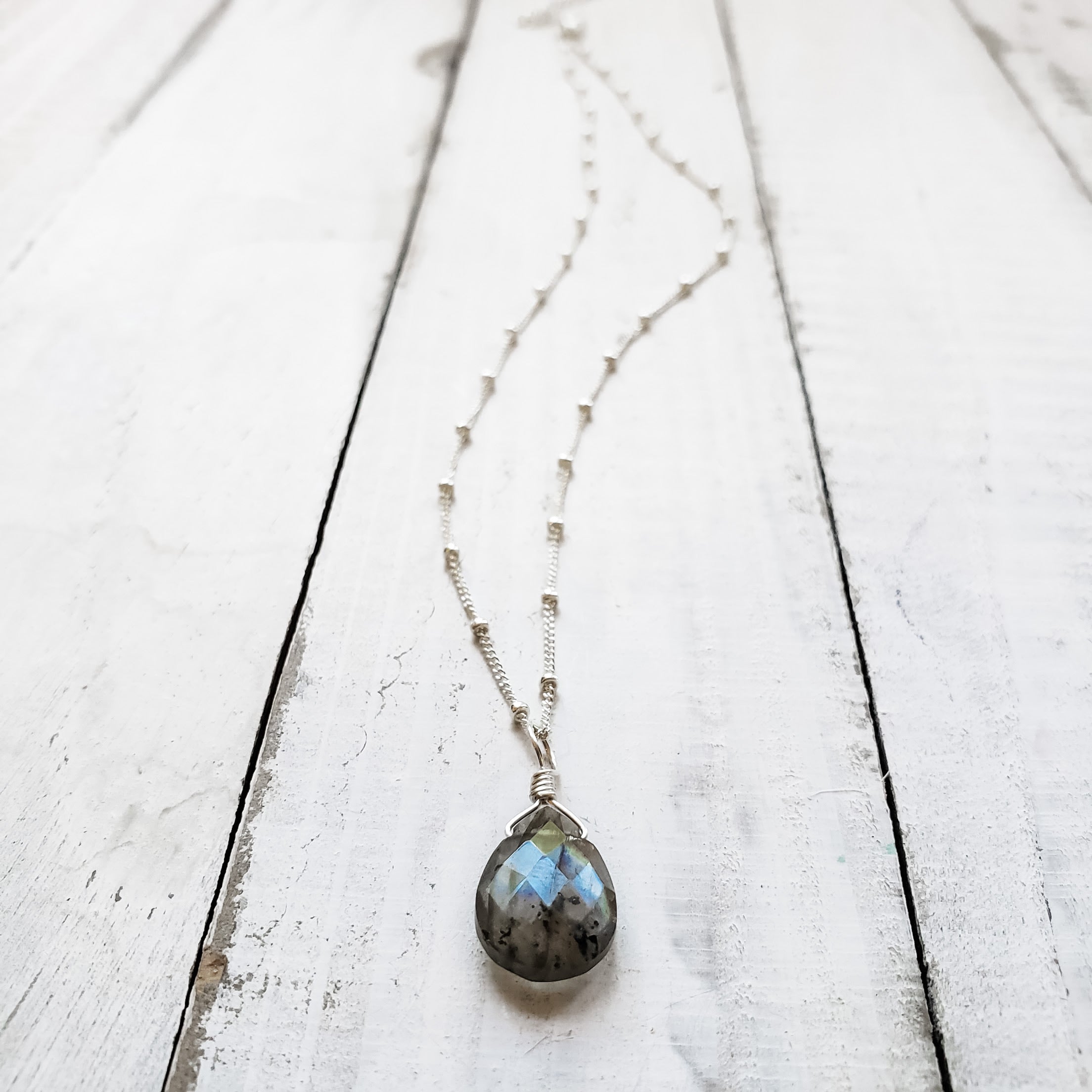 sterling silver necklace with labradorite gemstone pendant.