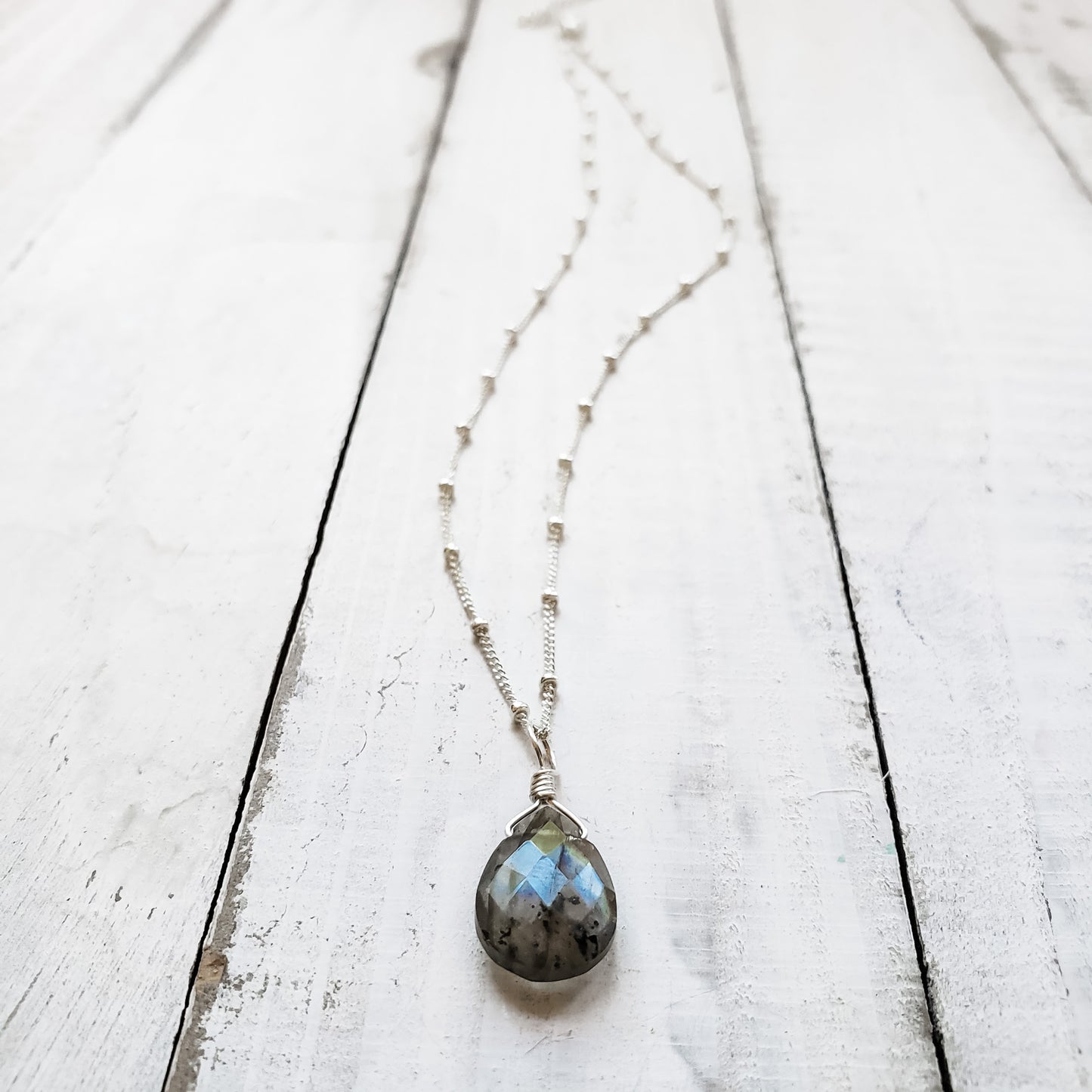 sterling silver necklace with labradorite gemstone pendant.
